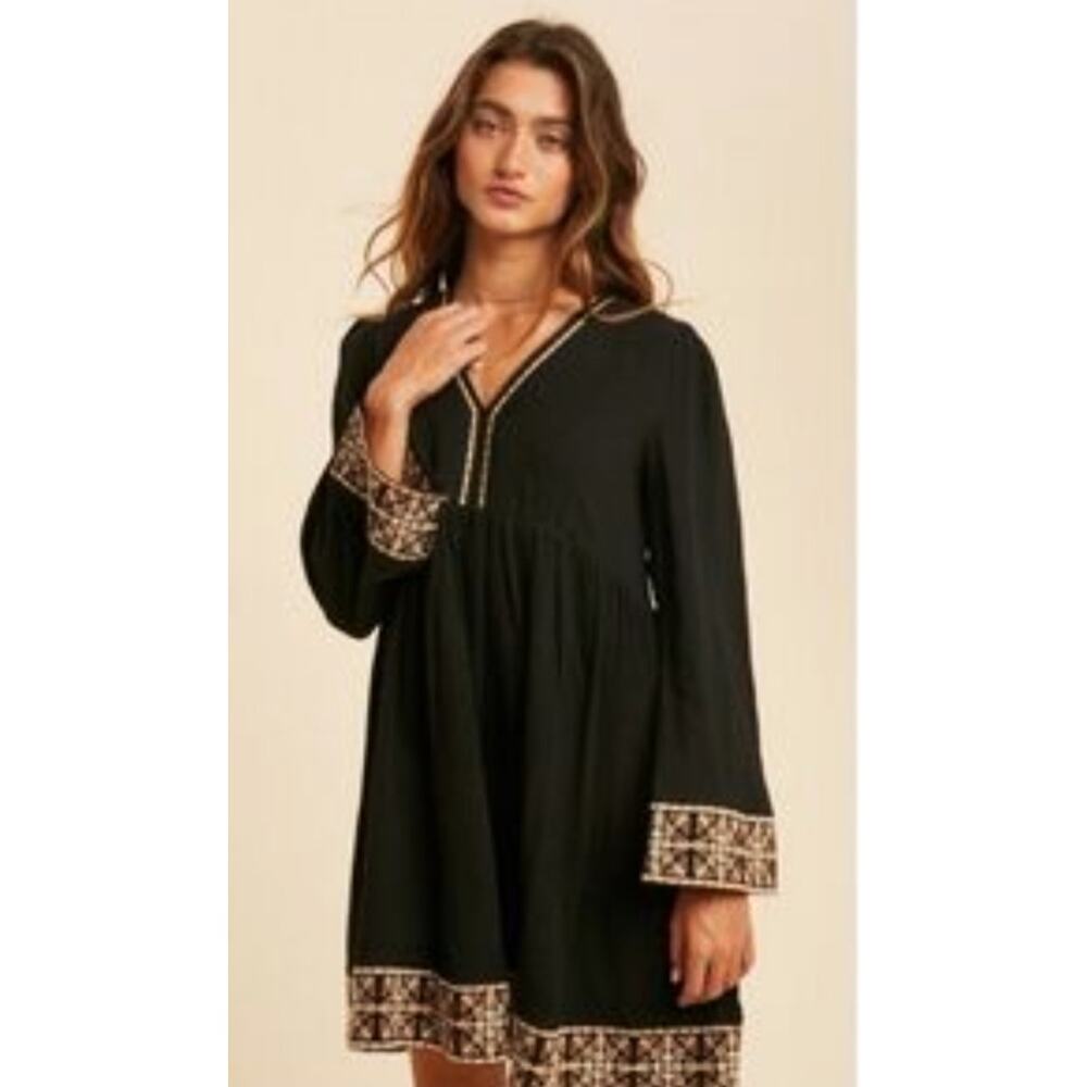 5272) In Loom Black Boho Peasant Embroidery Babydoll Prairie Mini Dress Large